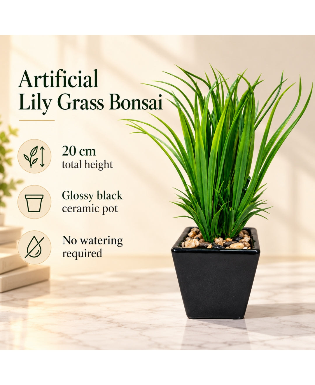 Artificial Lily Grass Bonsai in Glossy Black Square Ceramic Pot