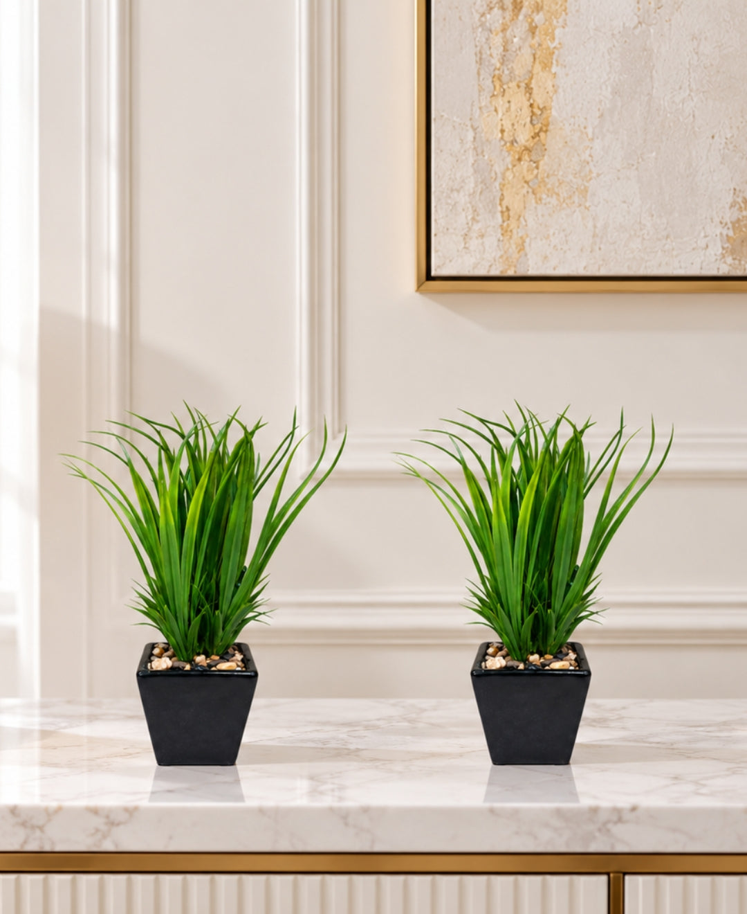 Artificial Lily Grass Bonsai in Glossy Black Square Ceramic Pot