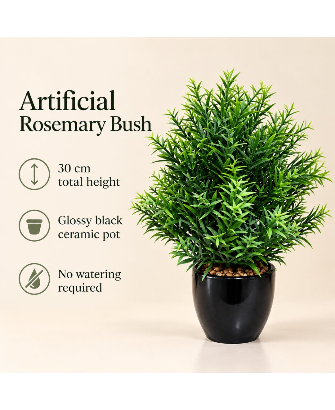 Artificial Rosemary Herb Bush in Glossy Black Ceramic Pot