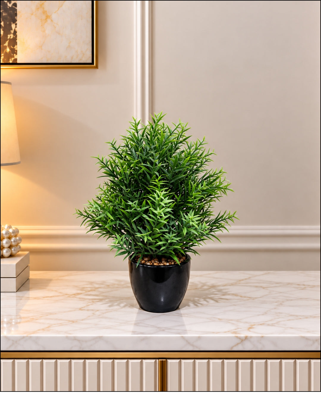 Artificial Rosemary Herb Bush in Glossy Black Ceramic Pot
