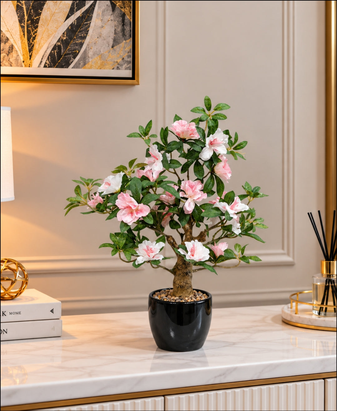 Artificial Azalea Bonsai Tree in Glossy Black Ceramic Pot