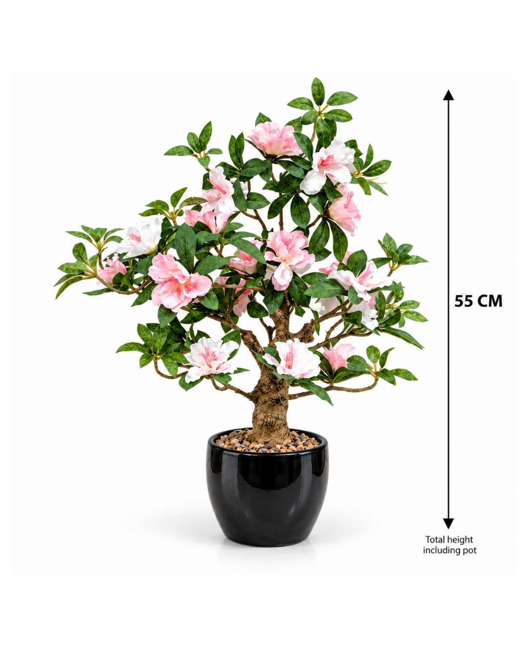 Artificial Azalea Bonsai Tree in Glossy Black Ceramic Pot