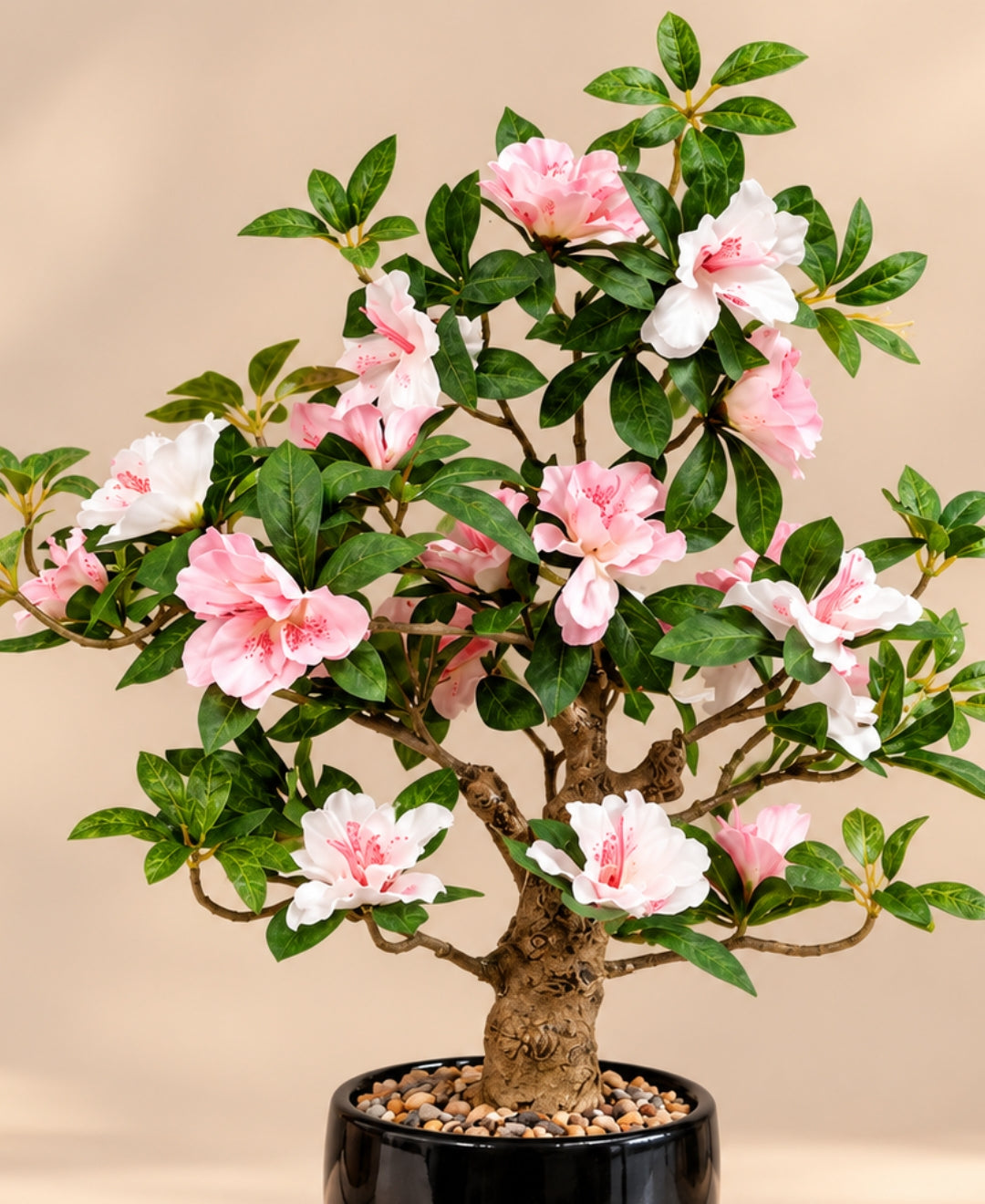 Artificial Azalea Bonsai Tree in Glossy Black Ceramic Pot