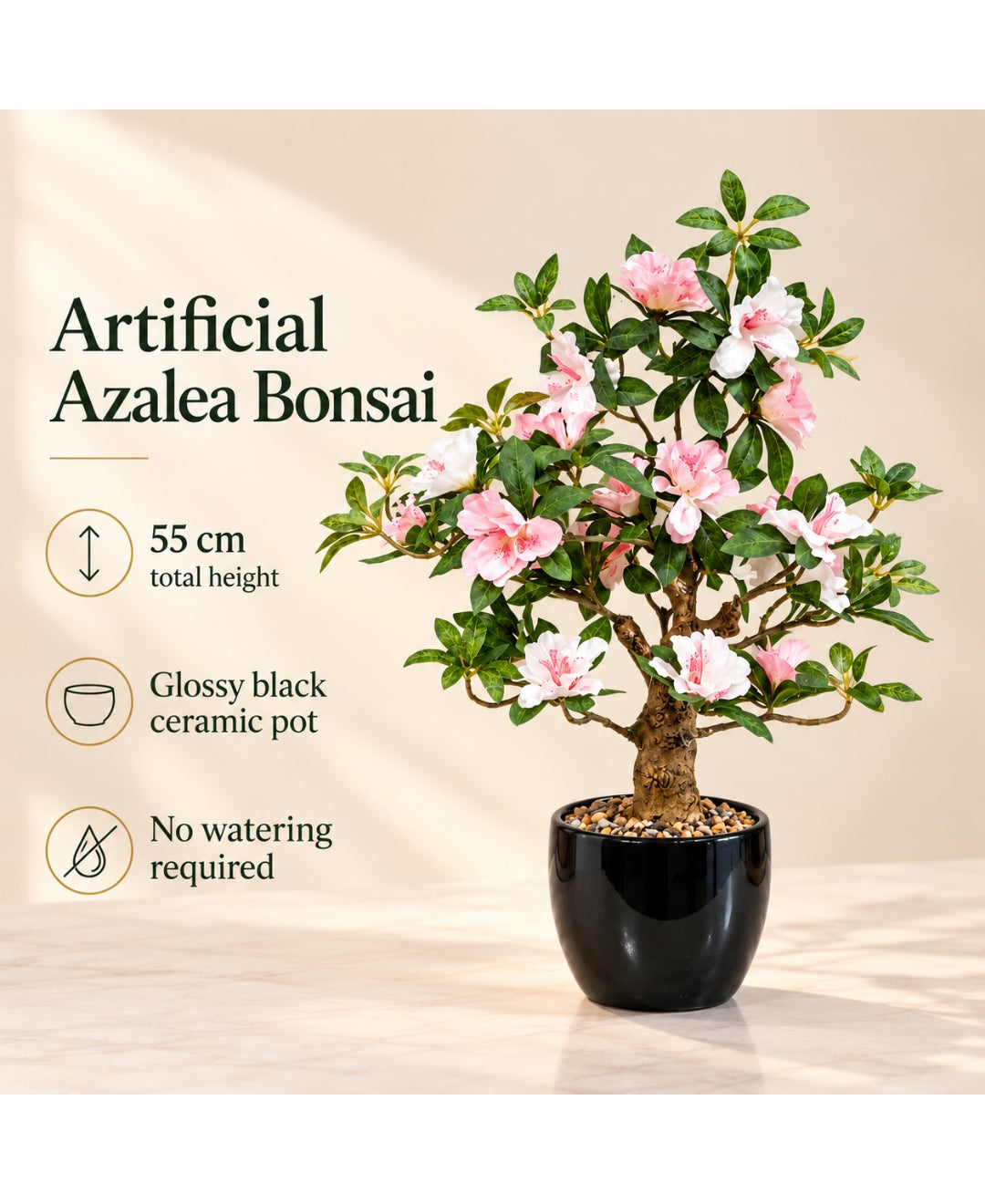 Artificial Azalea Bonsai Tree in Glossy Black Ceramic Pot