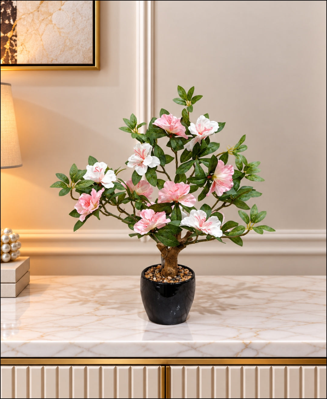 Artificial Rhododendron Blossom Tree in Glossy Black Ceramic Pot