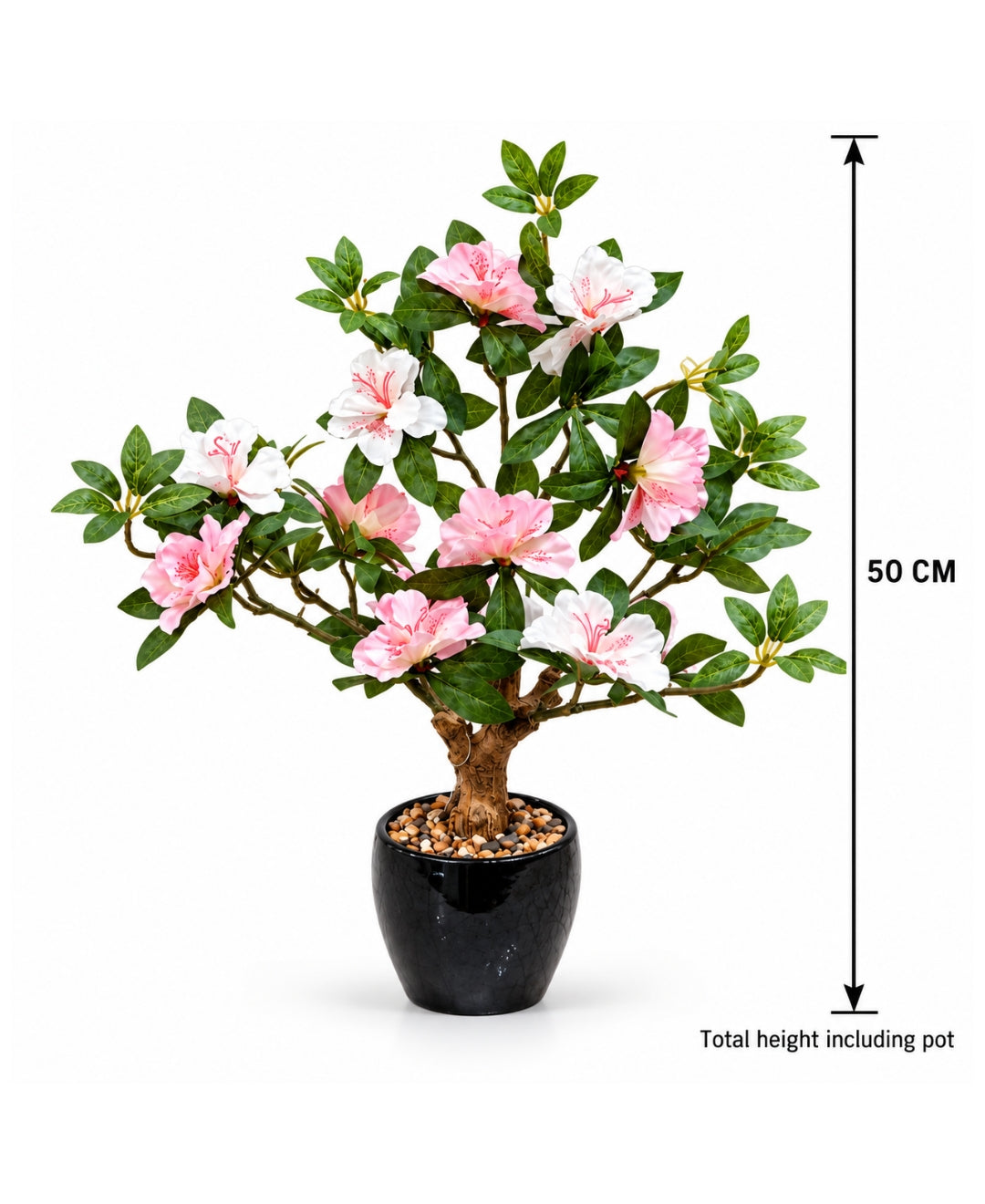 Artificial Rhododendron Blossom Tree in Glossy Black Ceramic Pot