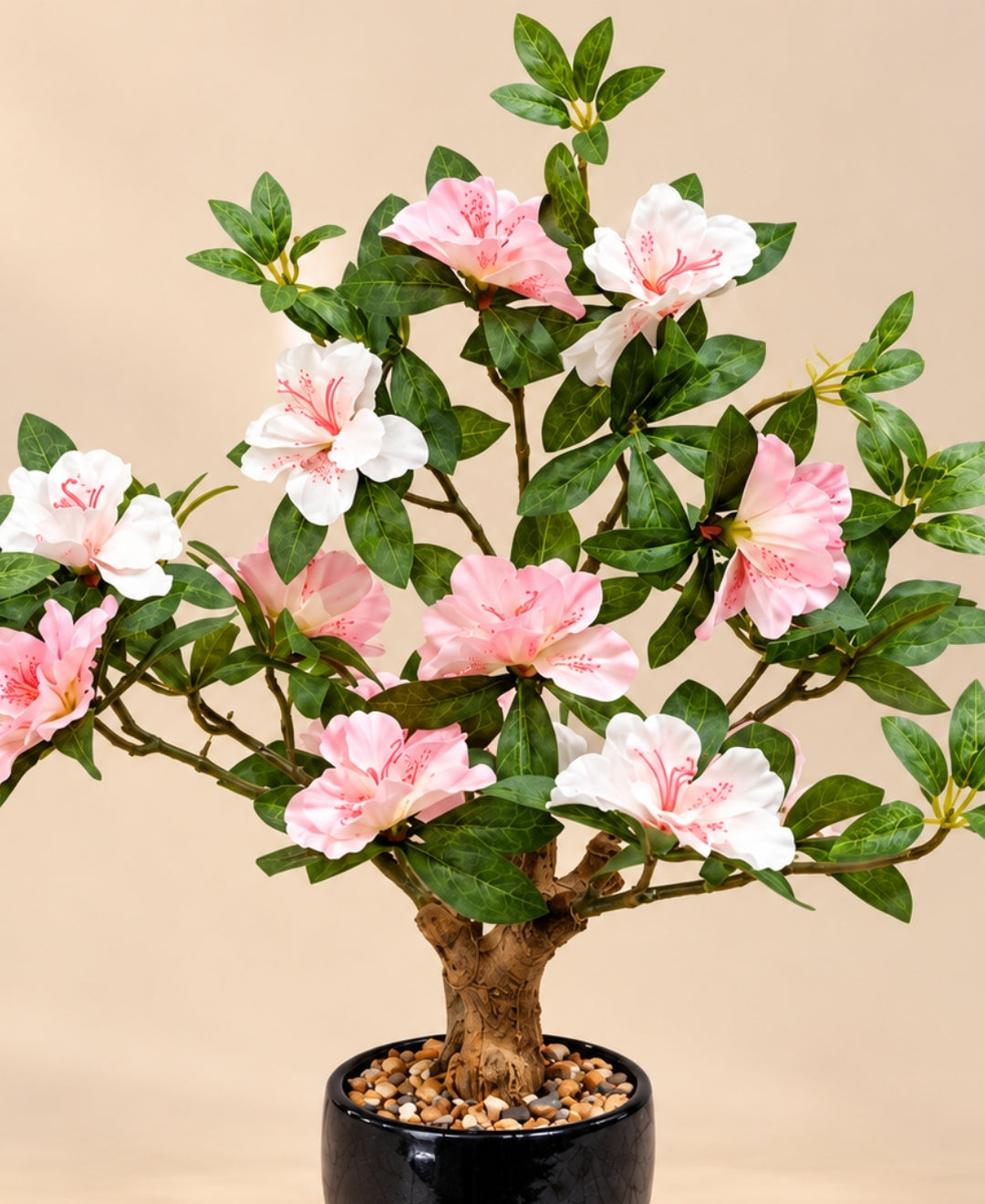 Artificial Rhododendron Blossom Tree in Glossy Black Ceramic Pot