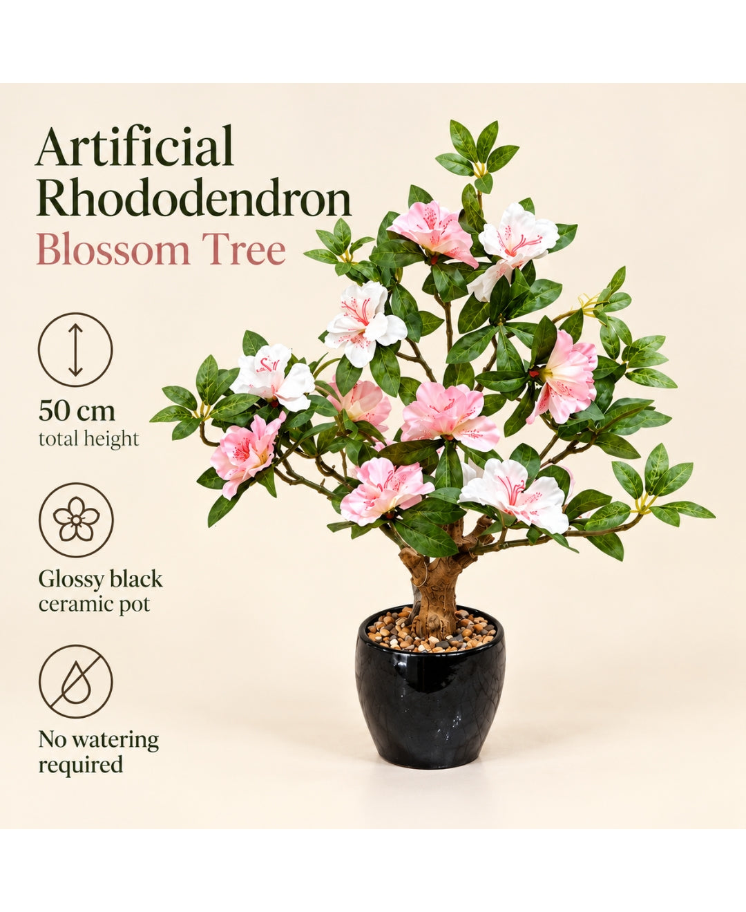 Artificial Rhododendron Blossom Tree in Glossy Black Ceramic Pot