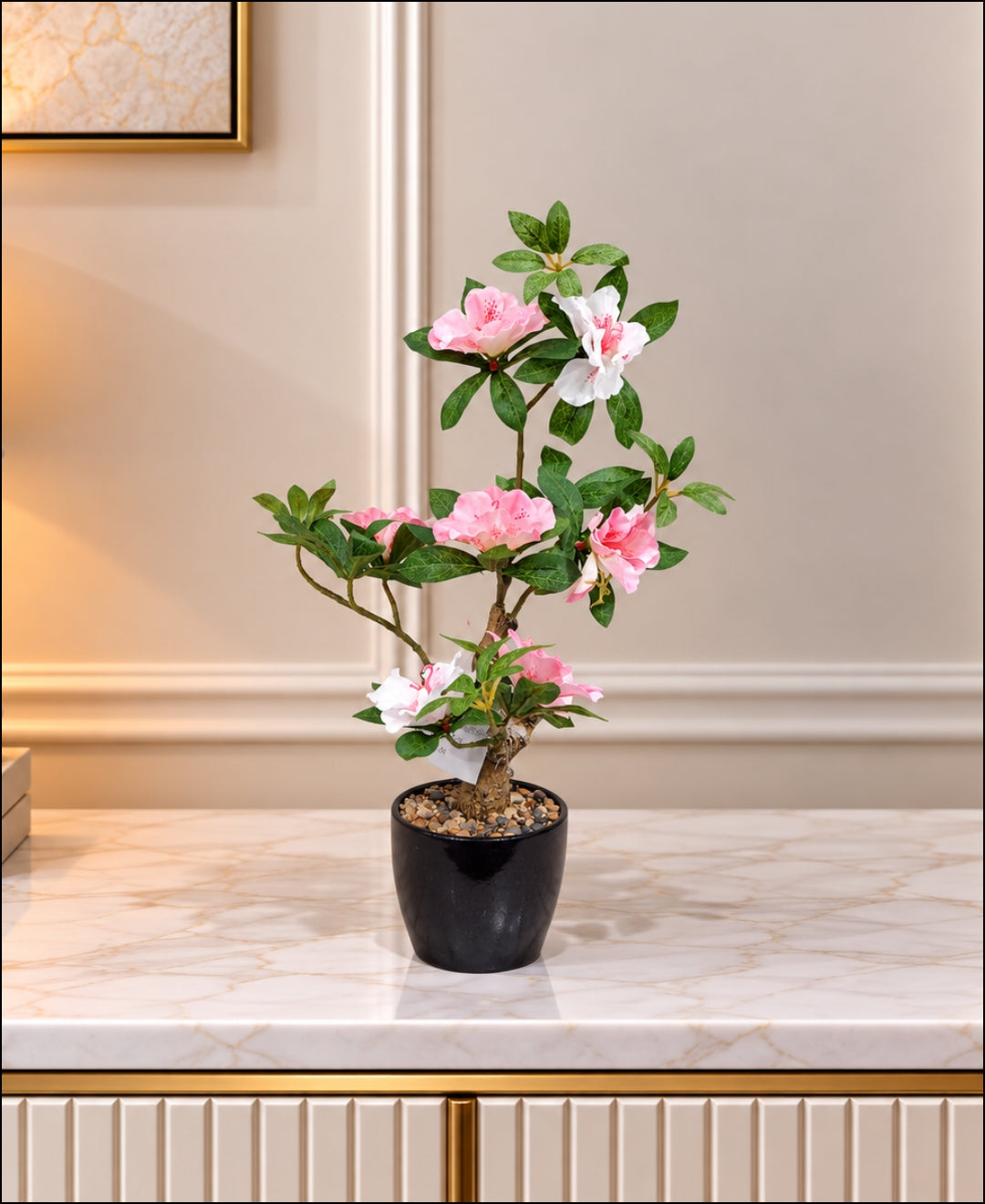 Artificial Tall Azalea Blossom Tree in Glossy Black Ceramic Pot