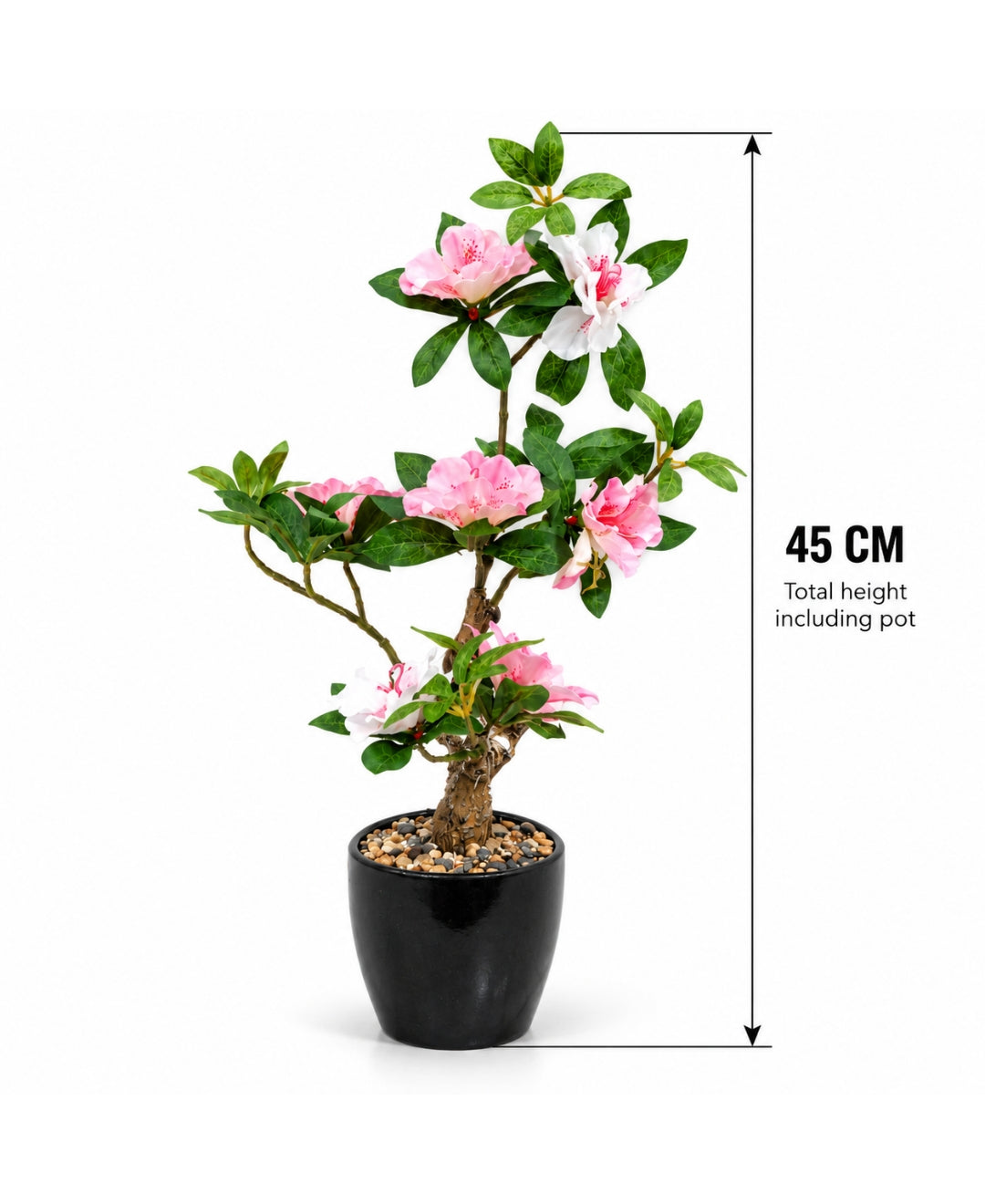 Artificial Tall Azalea Blossom Tree in Glossy Black Ceramic Pot