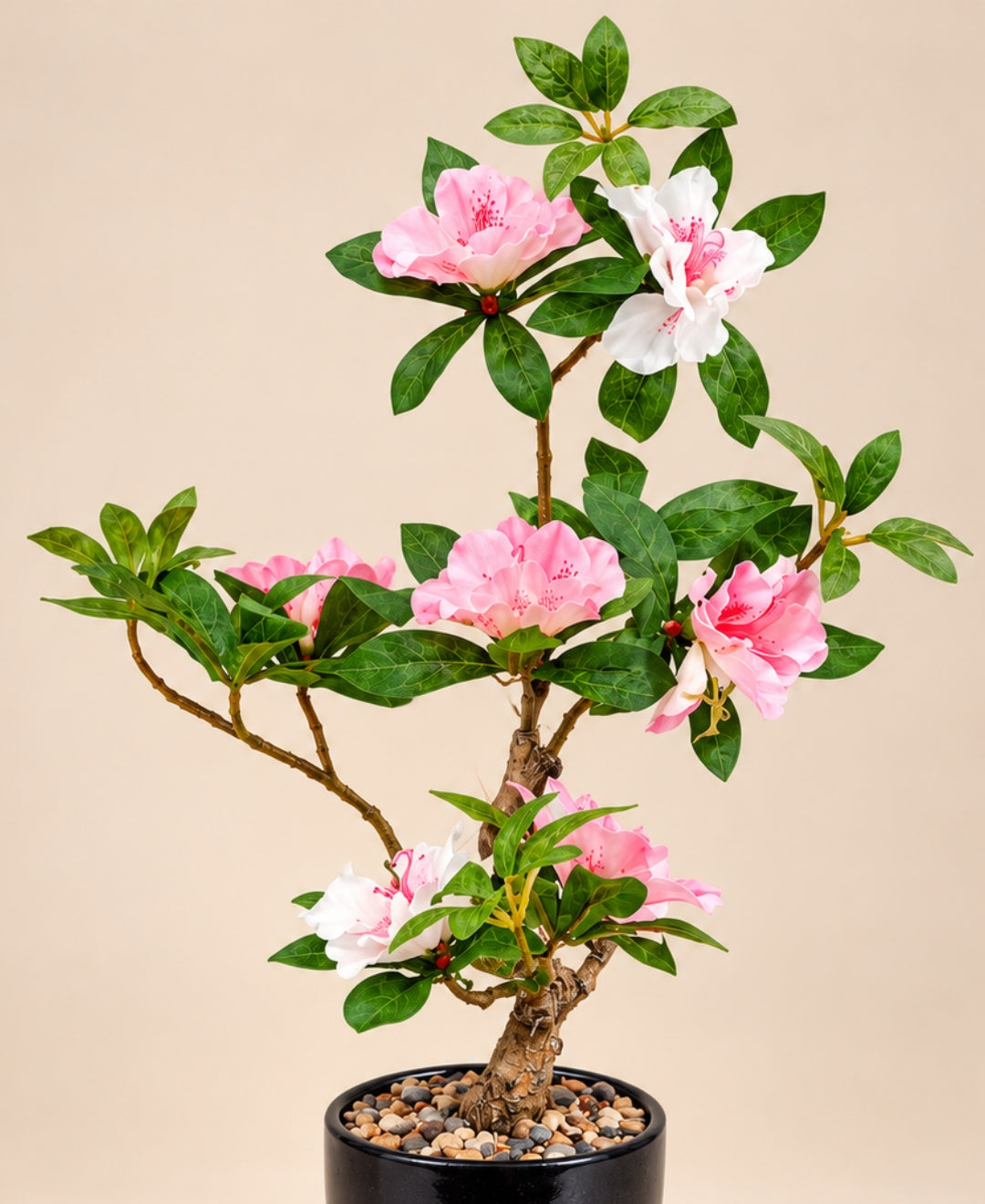 Artificial Tall Azalea Blossom Tree in Glossy Black Ceramic Pot