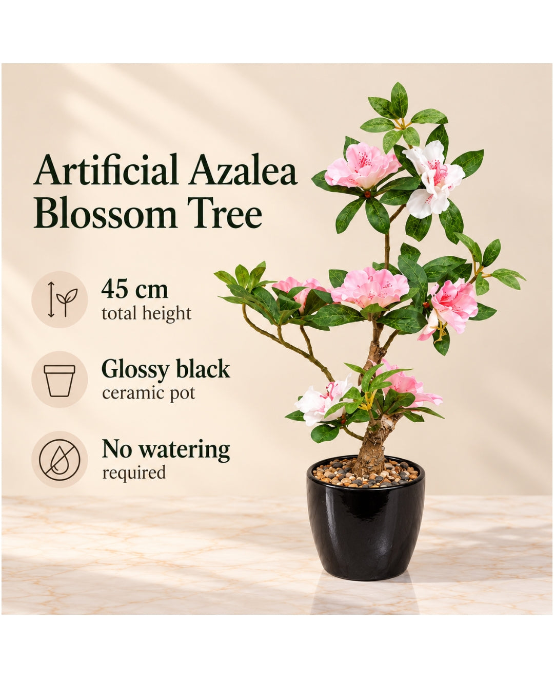 Artificial Tall Azalea Blossom Tree in Glossy Black Ceramic Pot