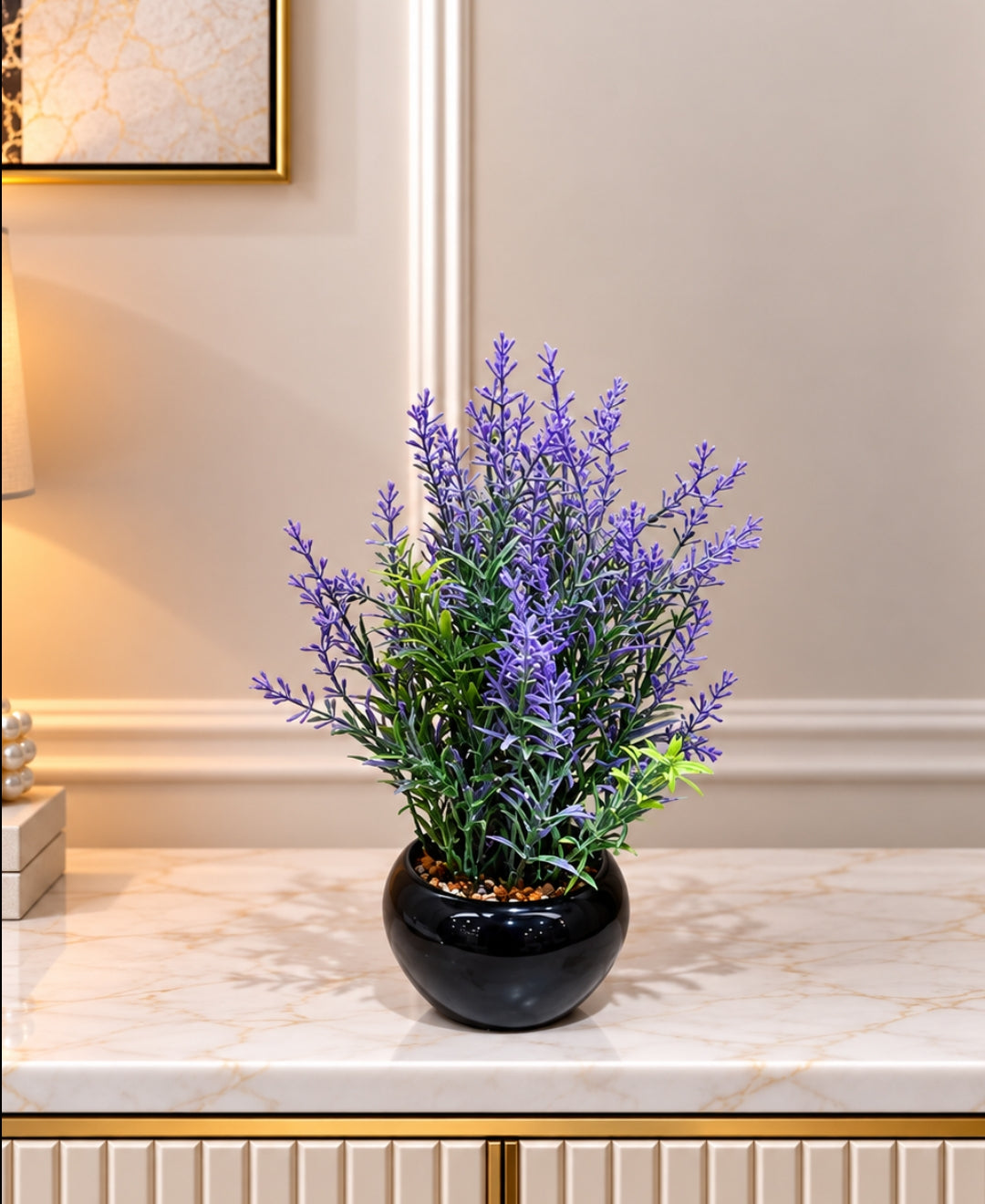 Artificial Lavender Bonsai in Glossy Black Ceramic Pot