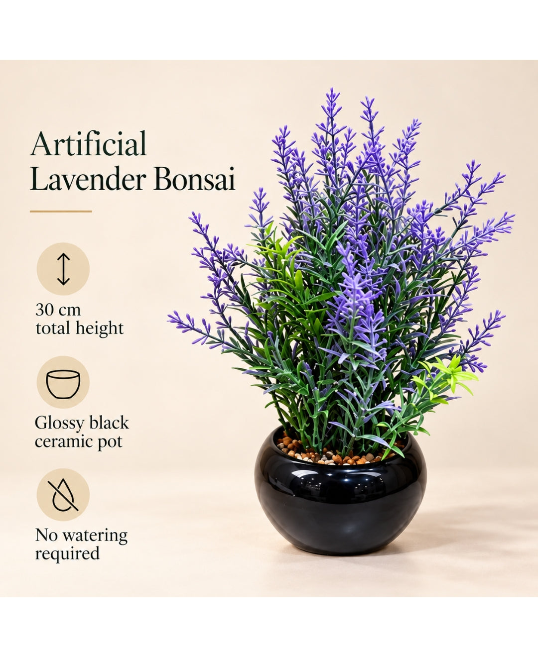 Artificial Lavender Bonsai in Glossy Black Ceramic Pot
