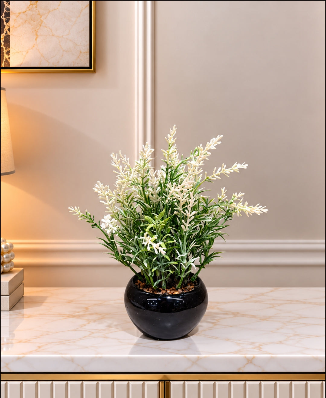 Artificial White Lavender Bonsai in Glossy Black Ceramic Pot