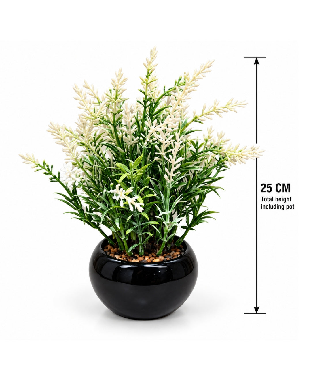 Artificial White Lavender Bonsai in Glossy Black Ceramic Pot
