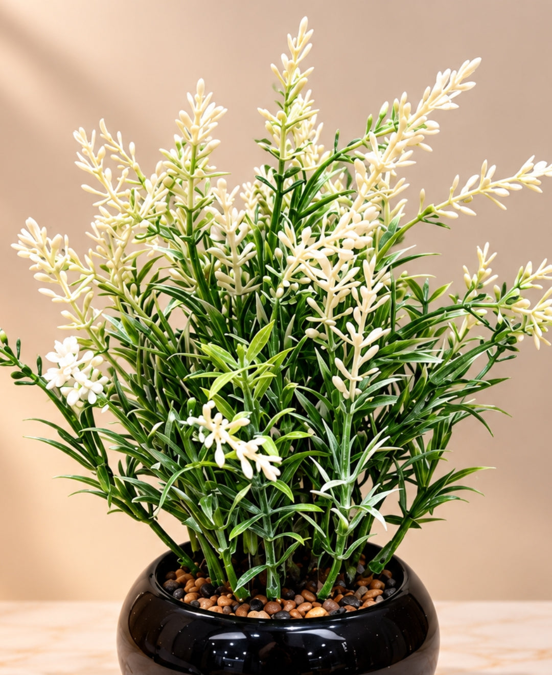 Artificial White Lavender Bonsai in Glossy Black Ceramic Pot