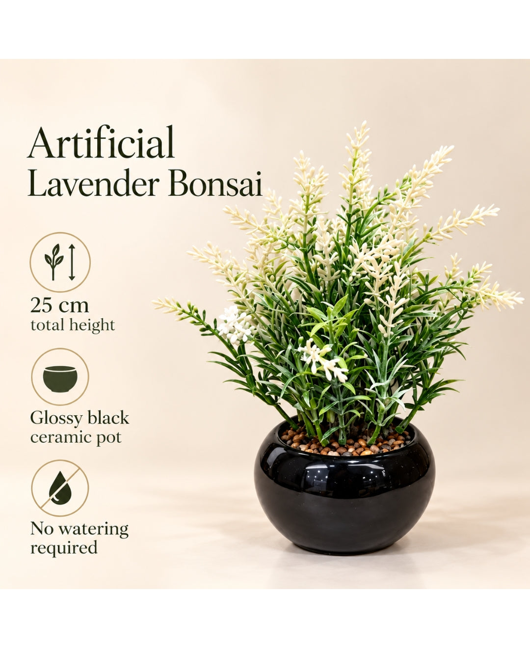 Artificial White Lavender Bonsai in Glossy Black Ceramic Pot