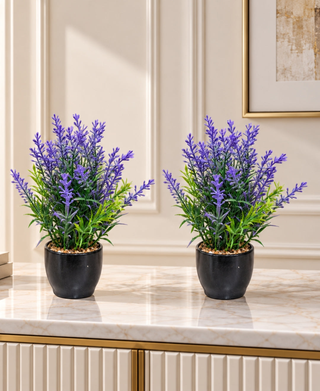 Artificial French Lavender Bonsai in Tall Glossy Black Ceramic Pot