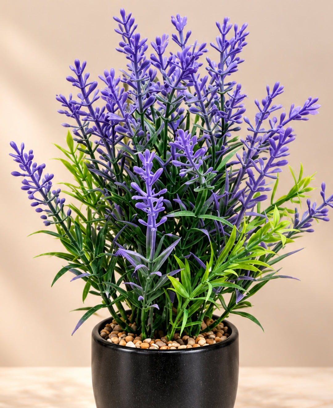Artificial French Lavender Bonsai in Tall Glossy Black Ceramic Pot