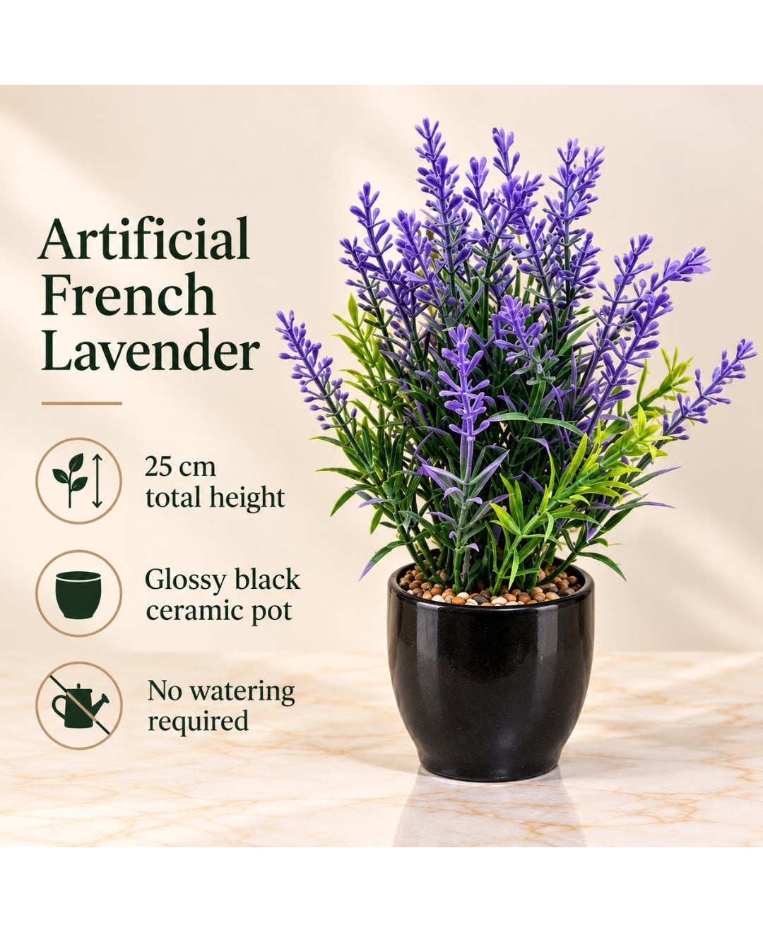 Artificial French Lavender Bonsai in Tall Glossy Black Ceramic Pot