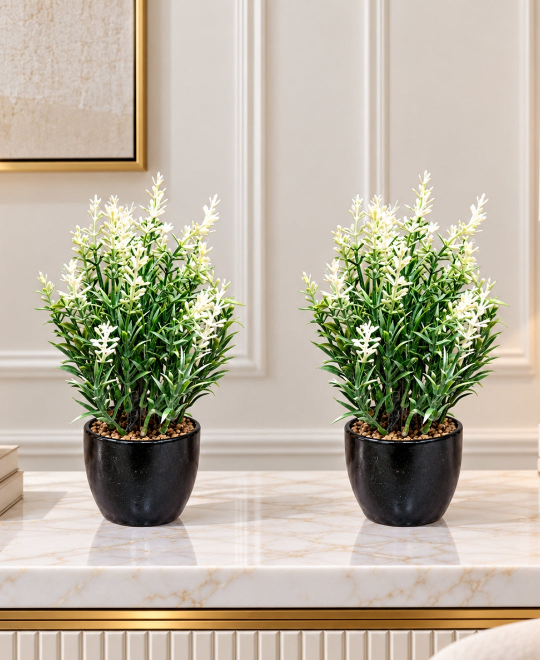 Artificial White French Lavender in Tall Glossy Black Ceramic Pot