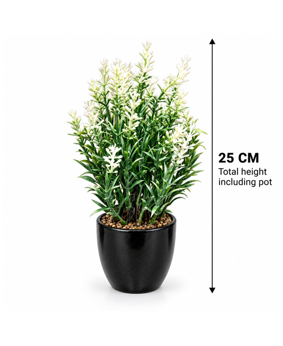 Artificial White French Lavender in Tall Glossy Black Ceramic Pot