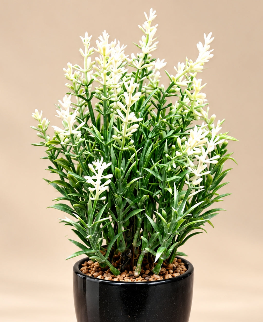 Artificial White French Lavender in Tall Glossy Black Ceramic Pot