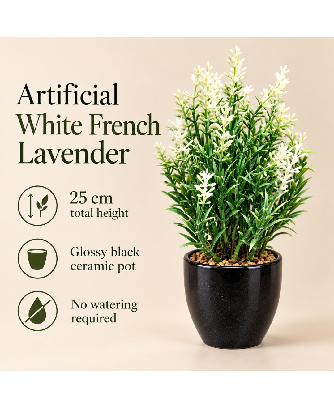 Artificial White French Lavender in Tall Glossy Black Ceramic Pot
