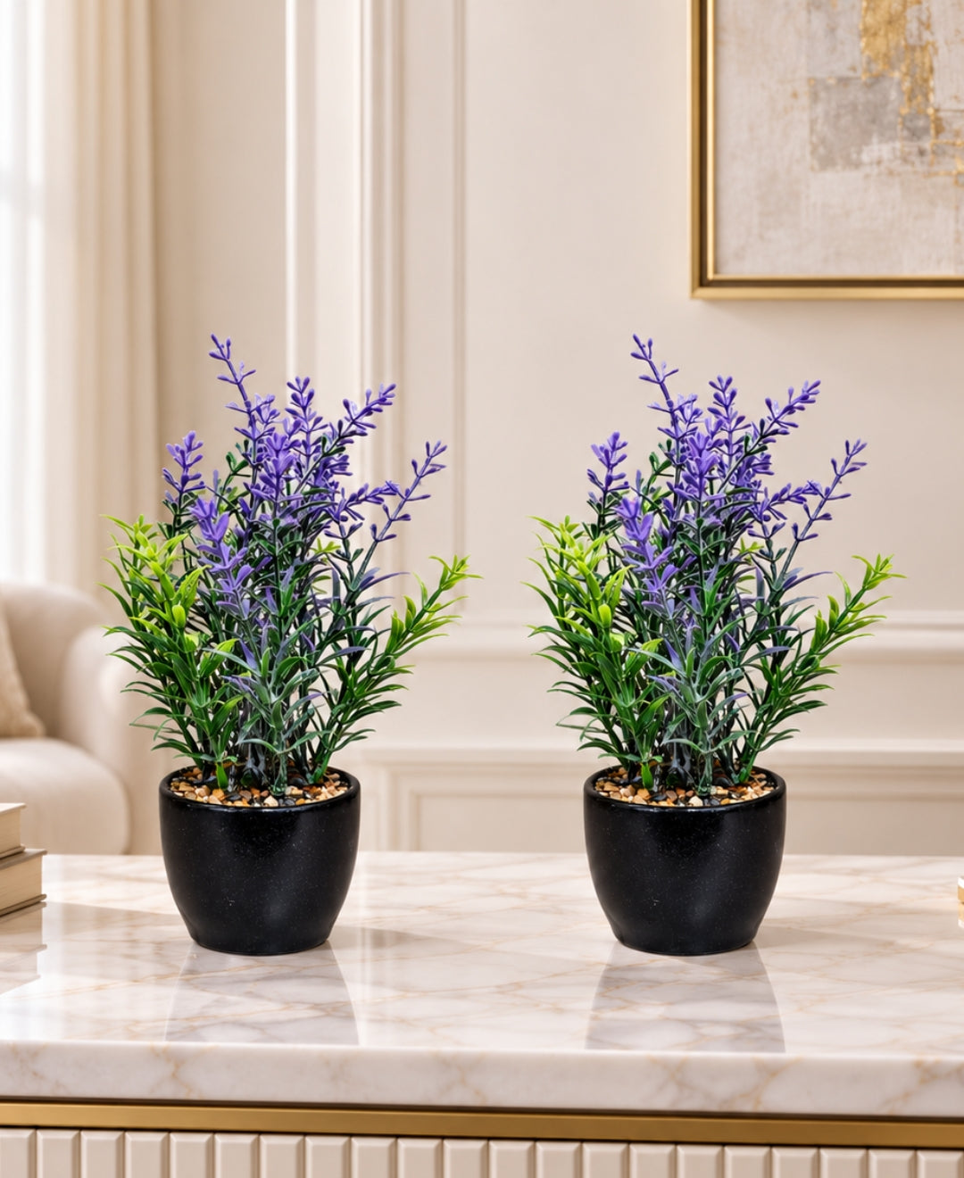 Artificial Lavender & Greenery Bonsai in Tall Glossy Black Ceramic Pot