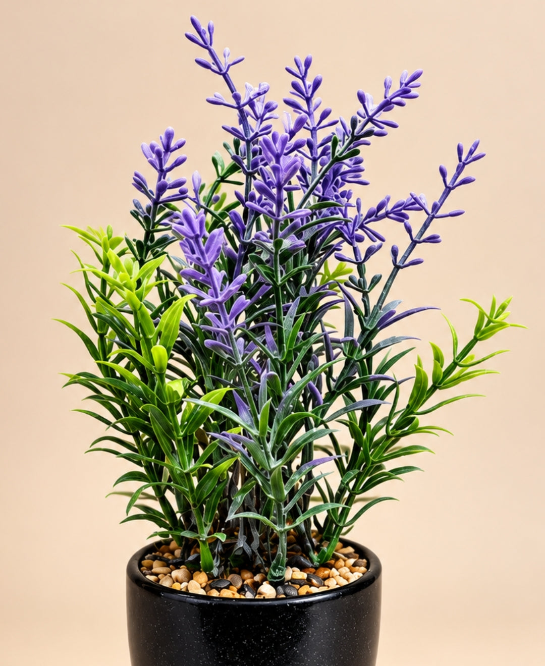 Artificial Lavender & Greenery Bonsai in Tall Glossy Black Ceramic Pot