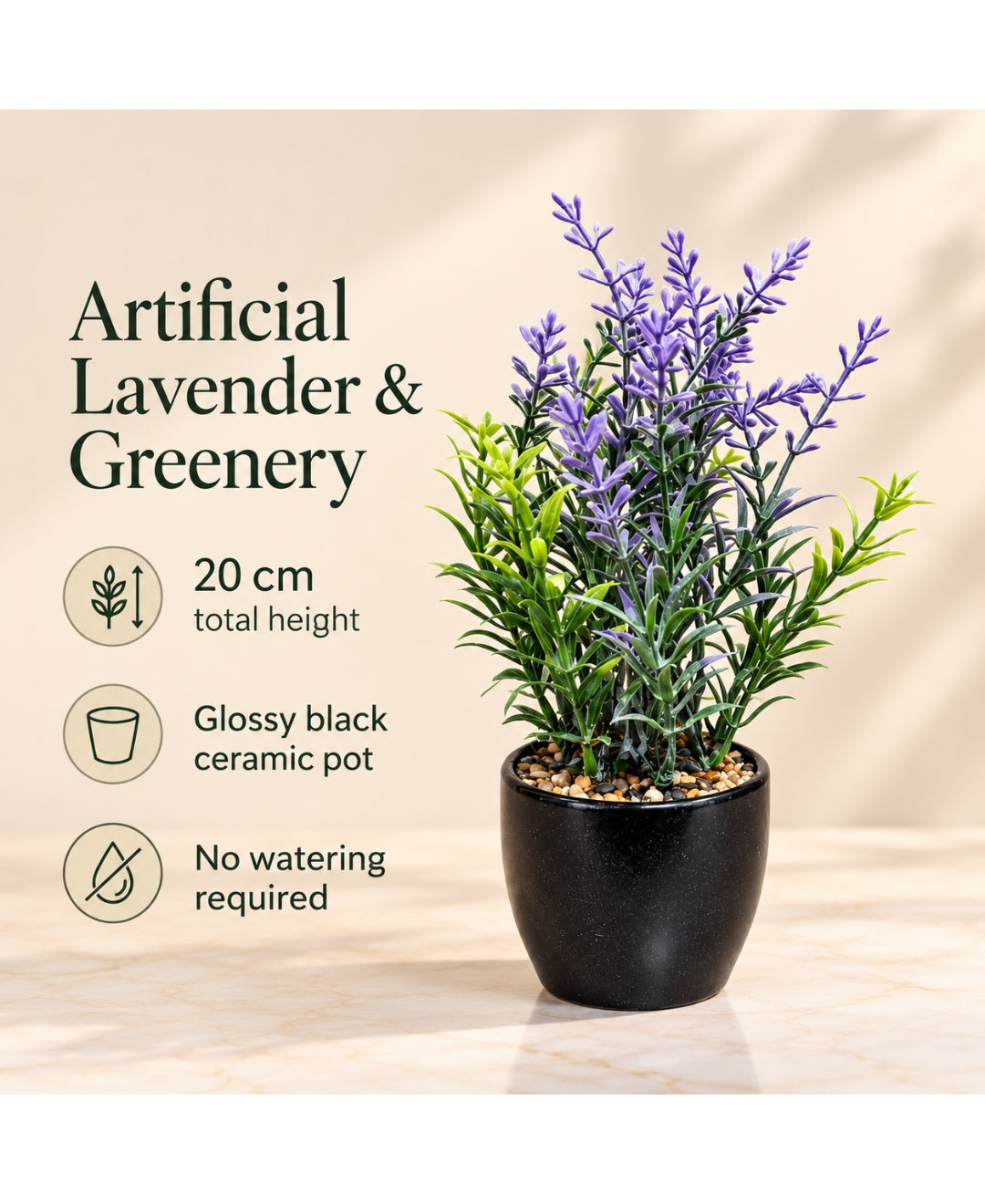 Artificial Lavender & Greenery Bonsai in Tall Glossy Black Ceramic Pot