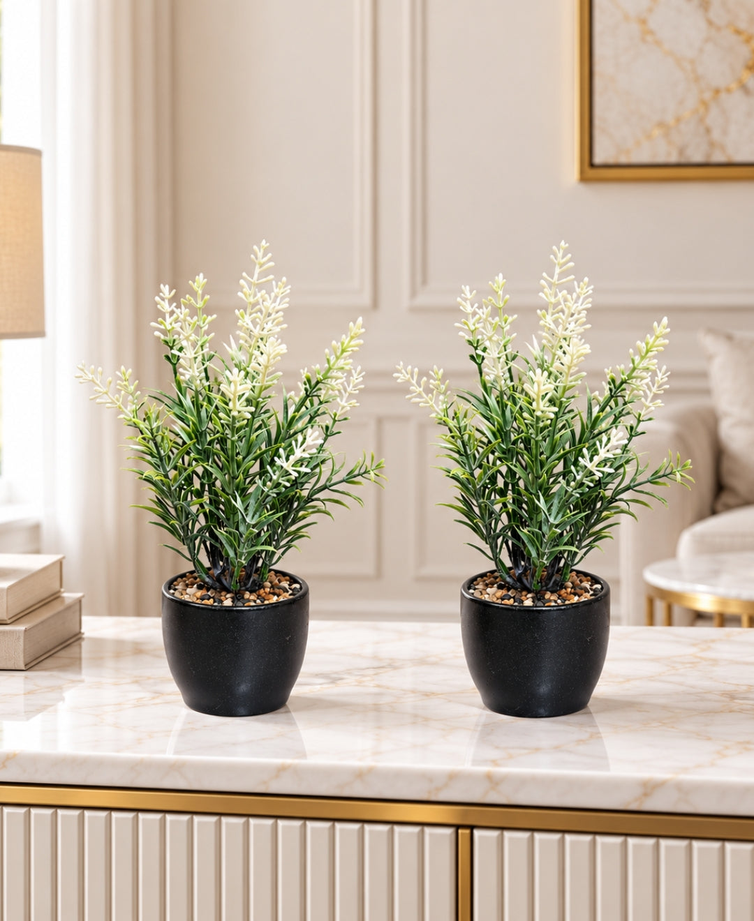 Artificial White Lavender & Greenery Bonsai in Tall Glossy Black Ceramic Pot