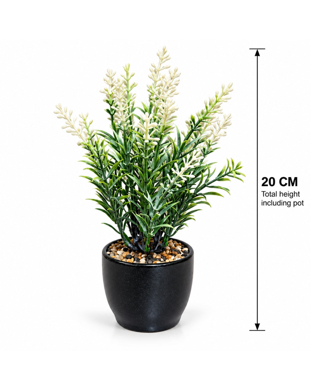 Artificial White Lavender & Greenery Bonsai in Tall Glossy Black Ceramic Pot