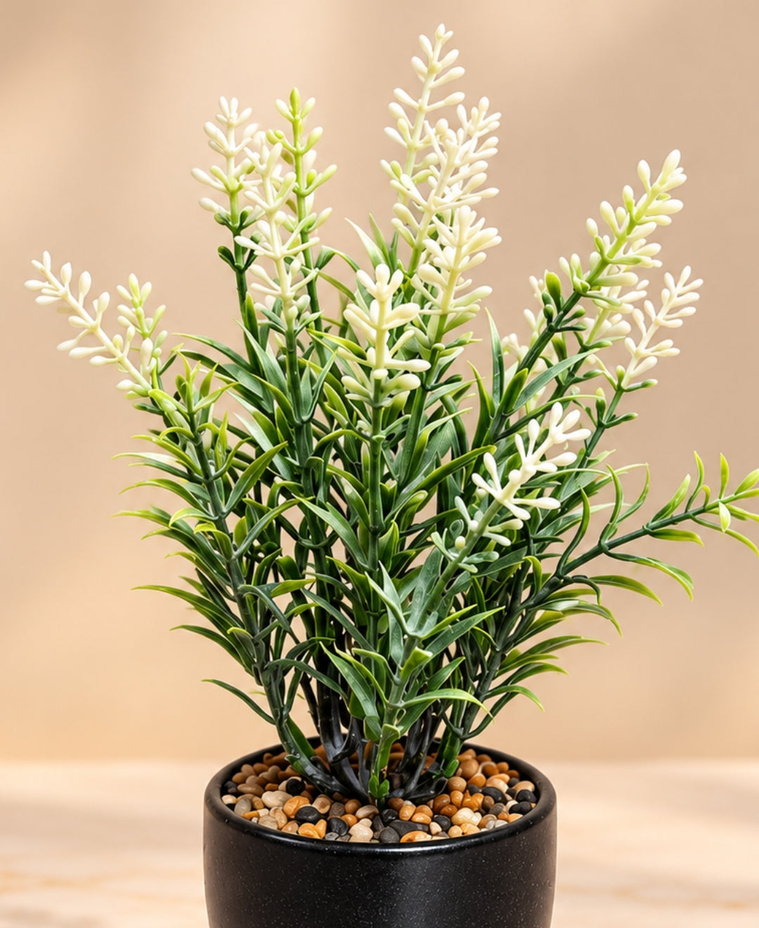 Artificial White Lavender & Greenery Bonsai in Tall Glossy Black Ceramic Pot