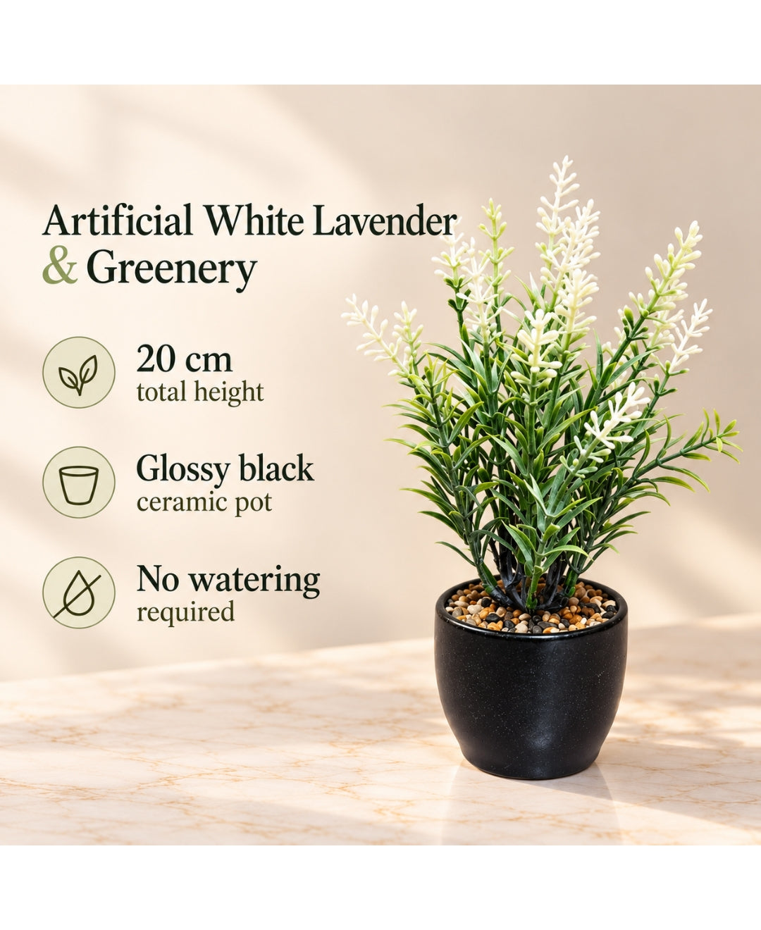 Artificial White Lavender & Greenery Bonsai in Tall Glossy Black Ceramic Pot