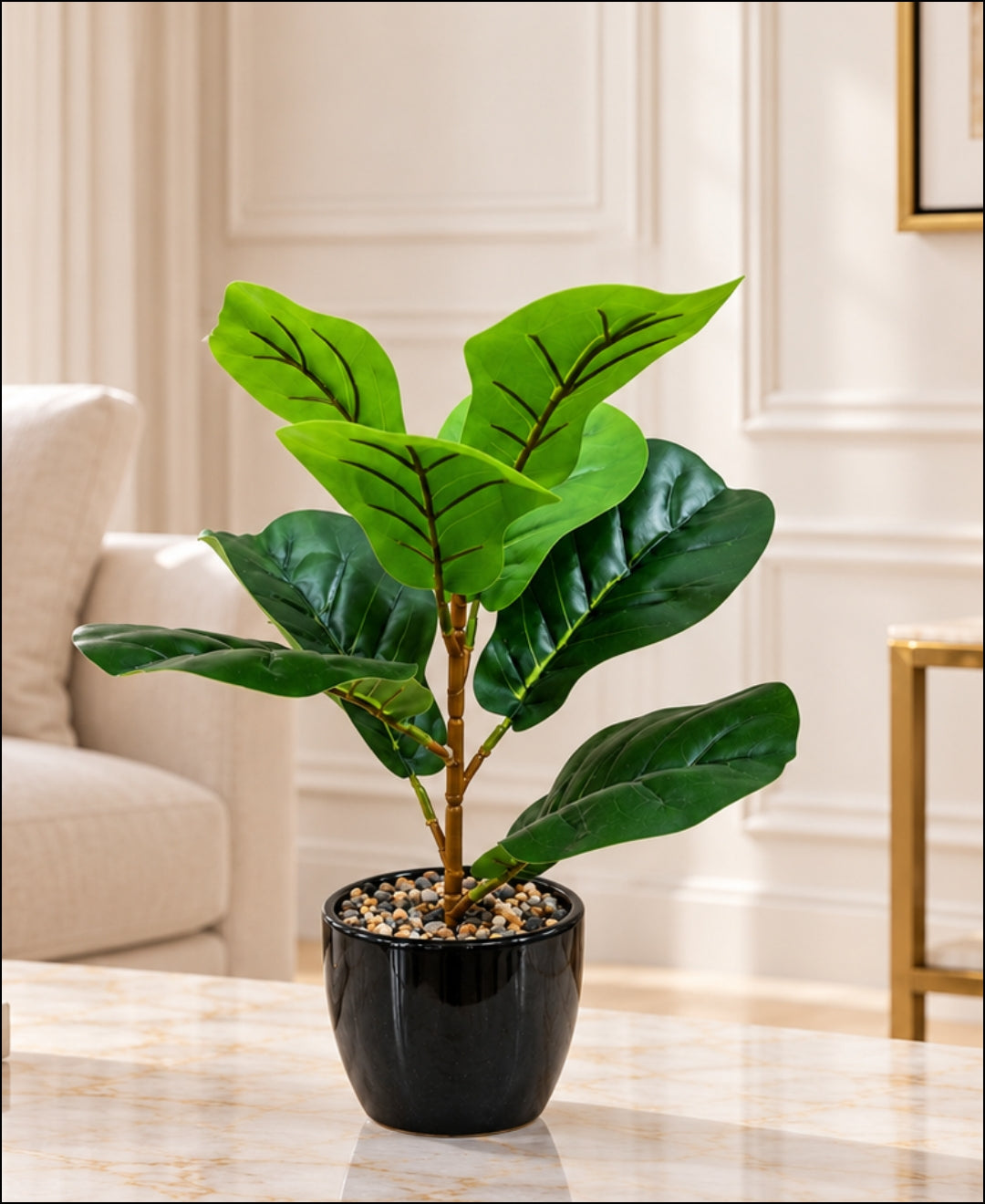 Artificial Mini Fiddle Leaf Fig Bonsai in Glossy Black Textured Ceramic Pot