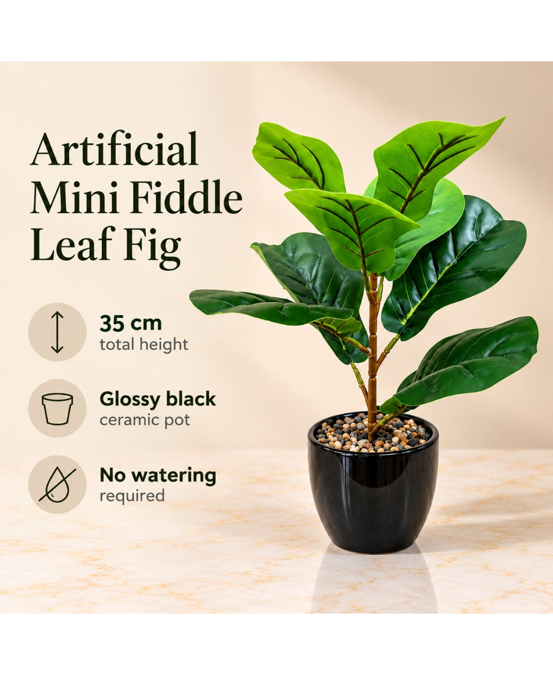 Artificial Mini Fiddle Leaf Fig Bonsai in Glossy Black Textured Ceramic Pot