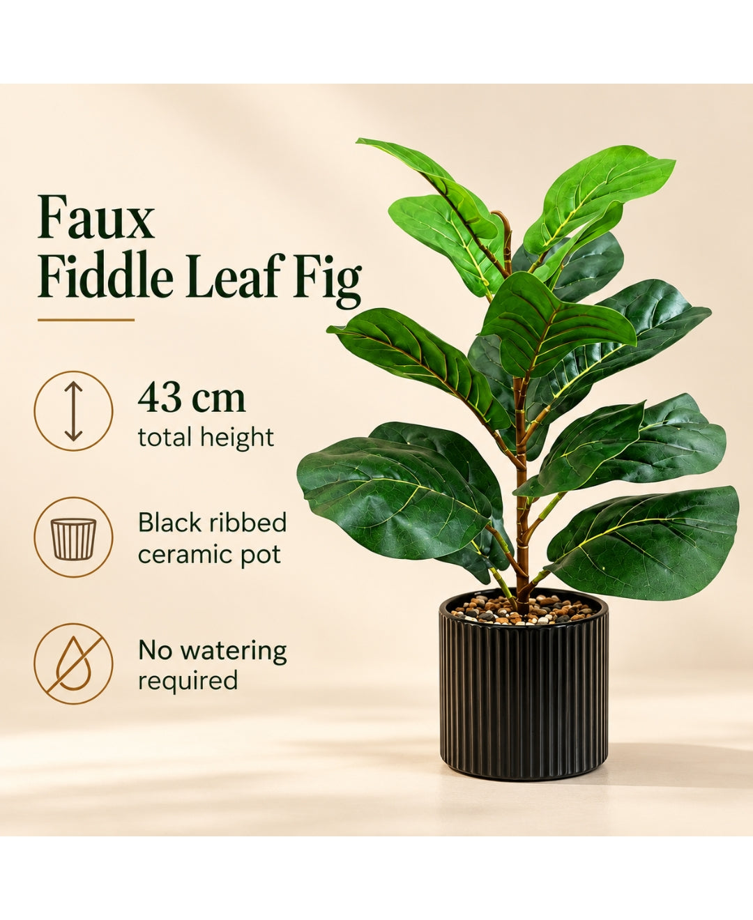 Faux Tall Fiddle Leaf Fig in Black Ribbed Ceramic Pot