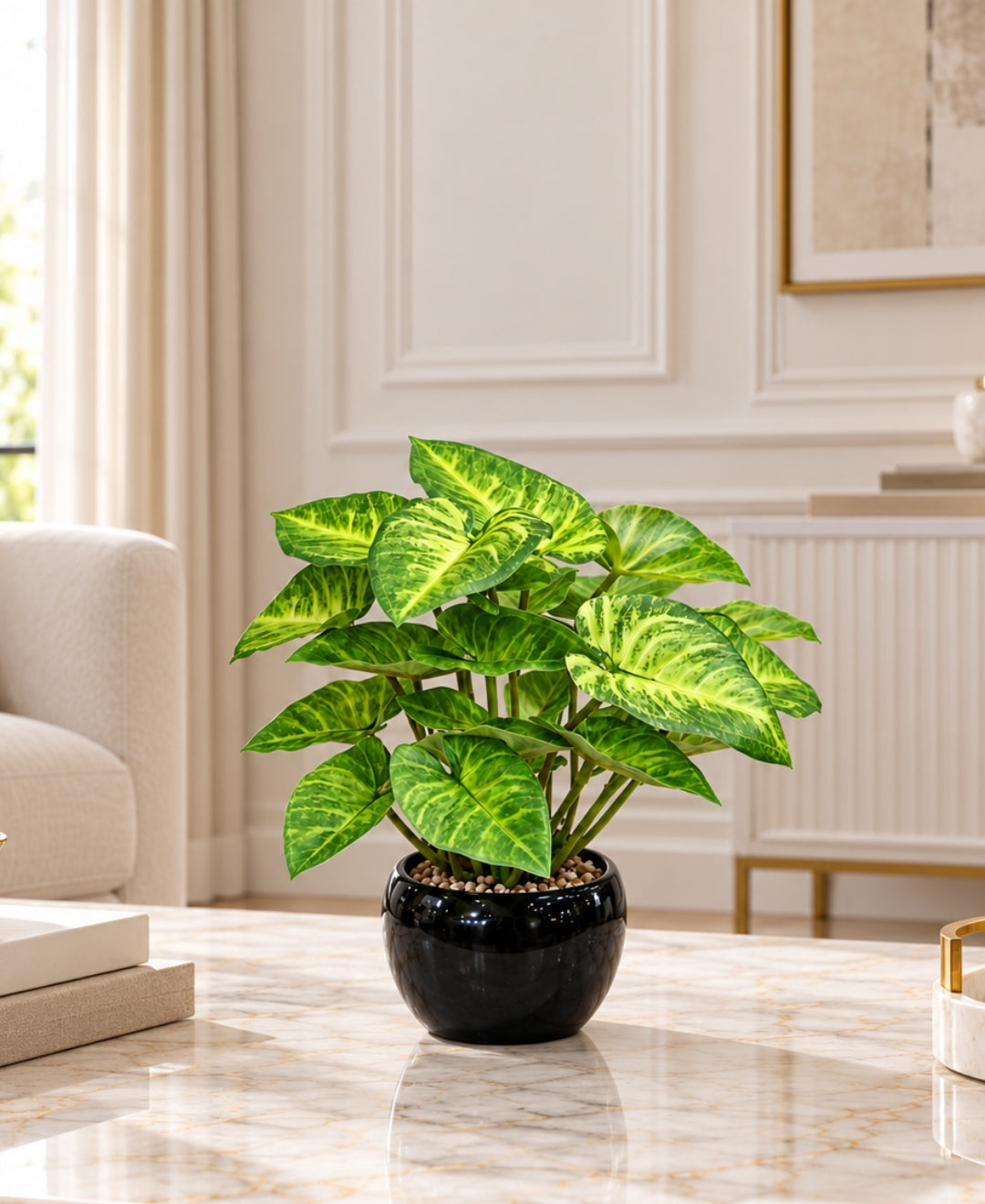 Artificial Syngonium Bonsai in Glossy Black Ceramic Pot