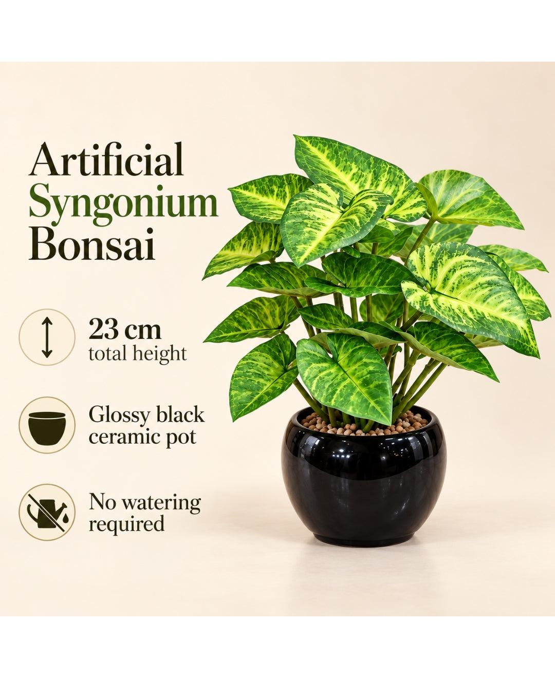 Artificial Syngonium Bonsai in Glossy Black Ceramic Pot
