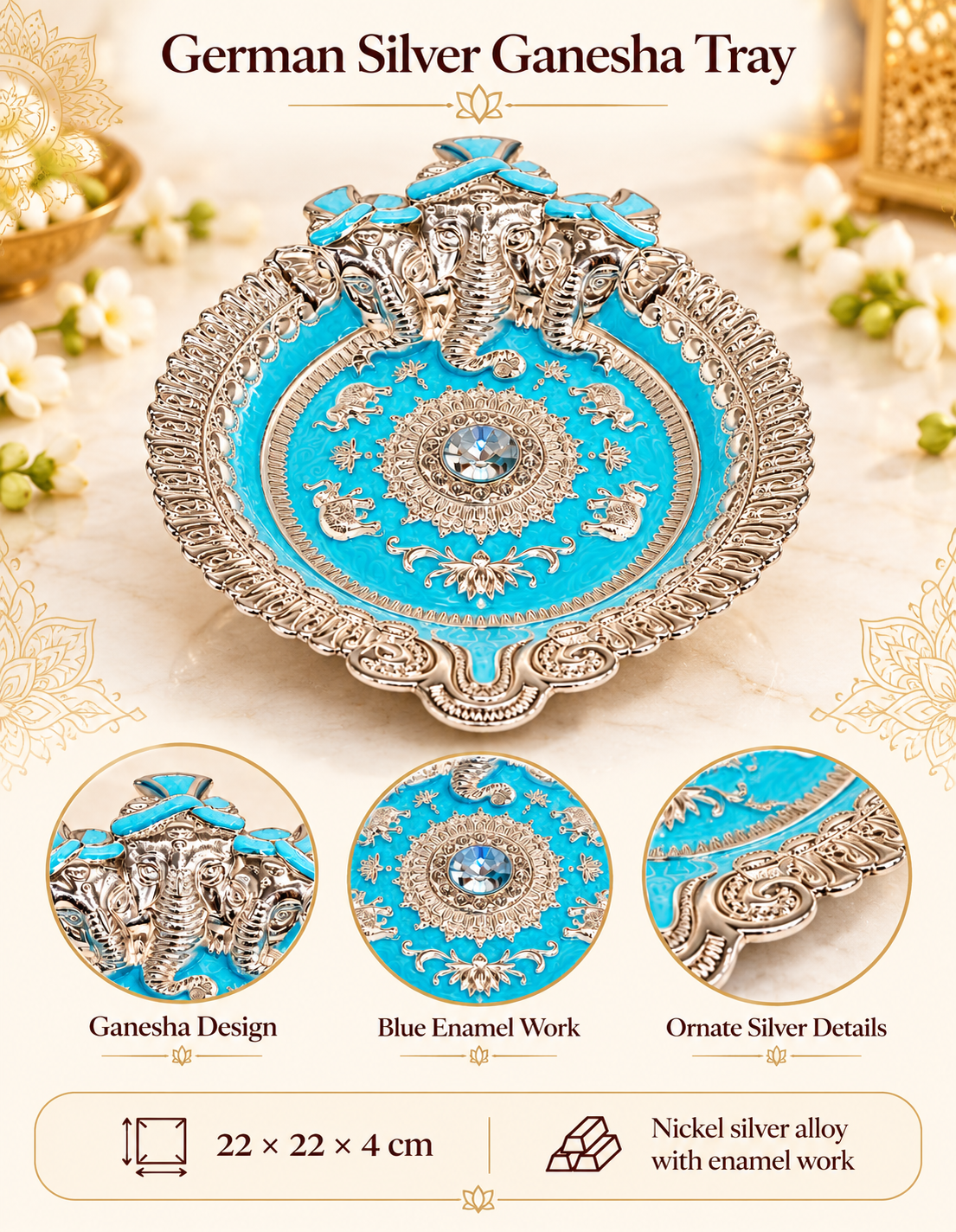 German Silver Ganesha Tray – Turquoise Blue Enamel