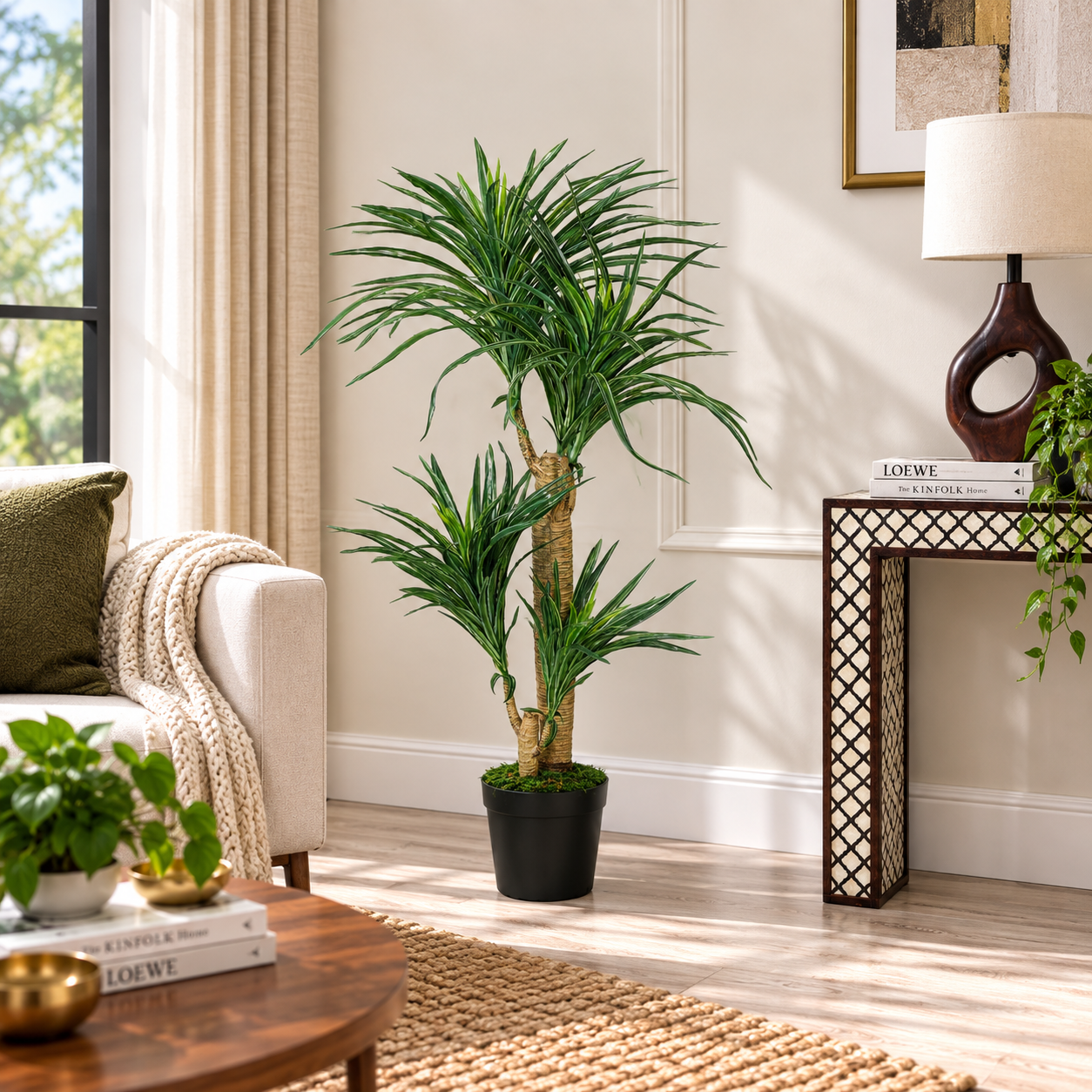Premium Faux Dragon Tree White Green Plant with Natural Cane Trunks without Pot