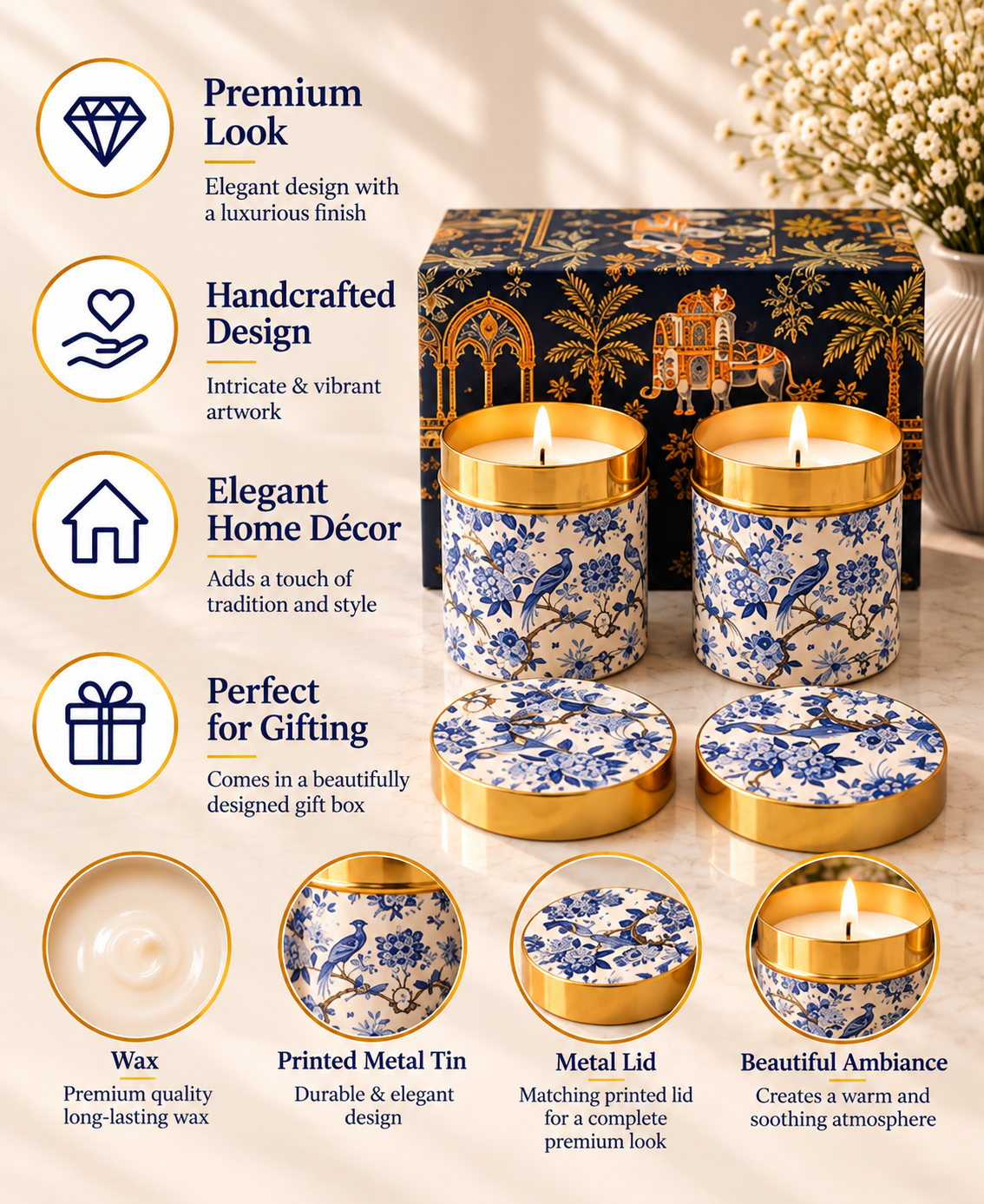 Royal Blue Aviary Lidded Tin Premium Gift Candle – Set of 2