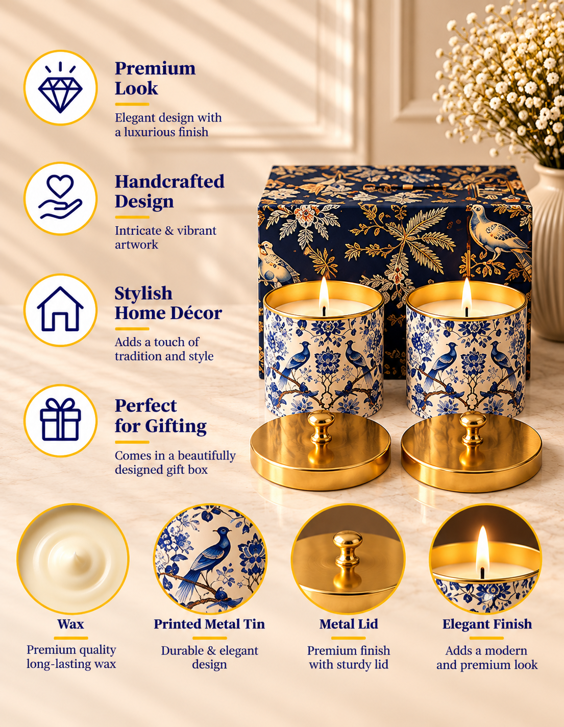 Royal Blue Aviary Gold Knob Lid Premium Gift Candle – Set of 2