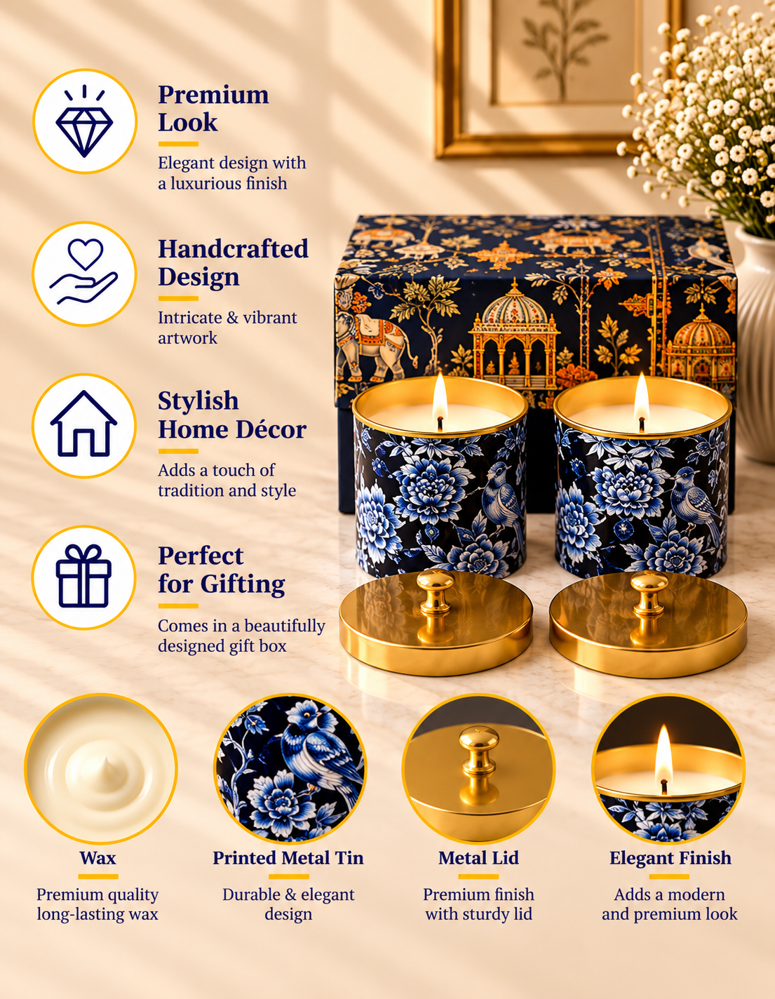 Imperial Midnight Blossom Gold Knob Lid Premium Gift Candle – Set of 2