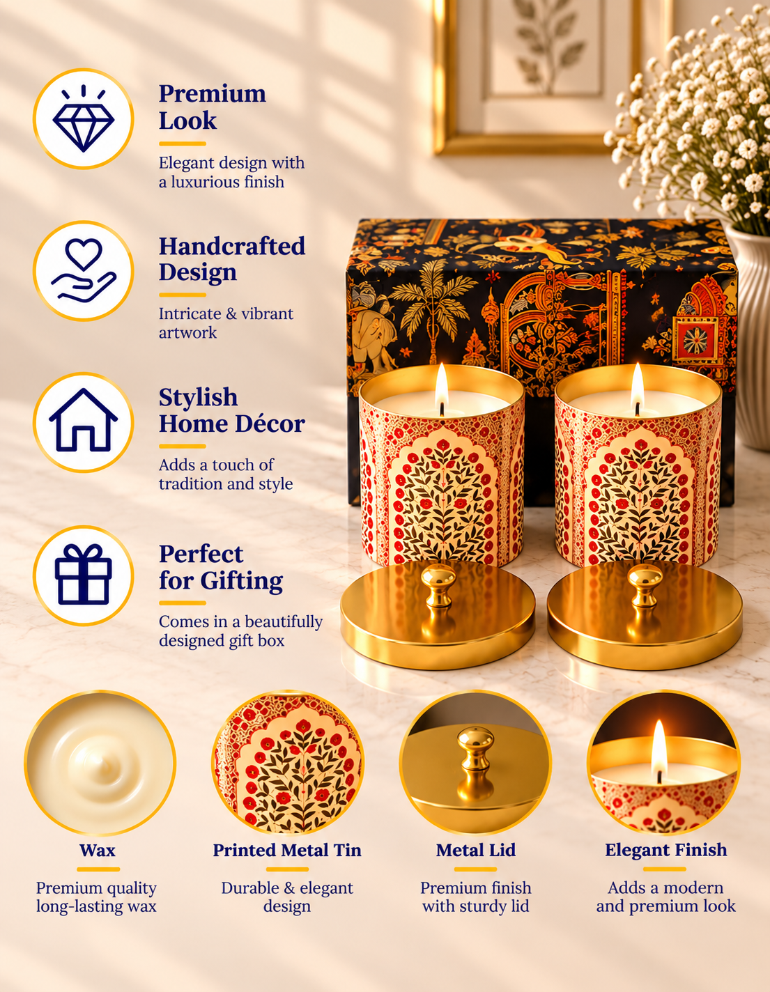 Imperial Mughal Arch Gold Knob Lid Premium Gift Candle – Set of 2