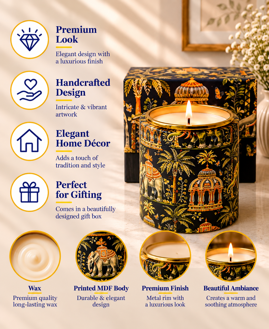 Regal Elephant Darbar Drum Premium Gift Candle