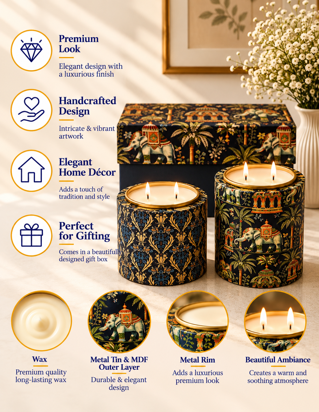 Heritage Golden Lattice & Regal Elephant Darbar Duo Premium Gift Candle
