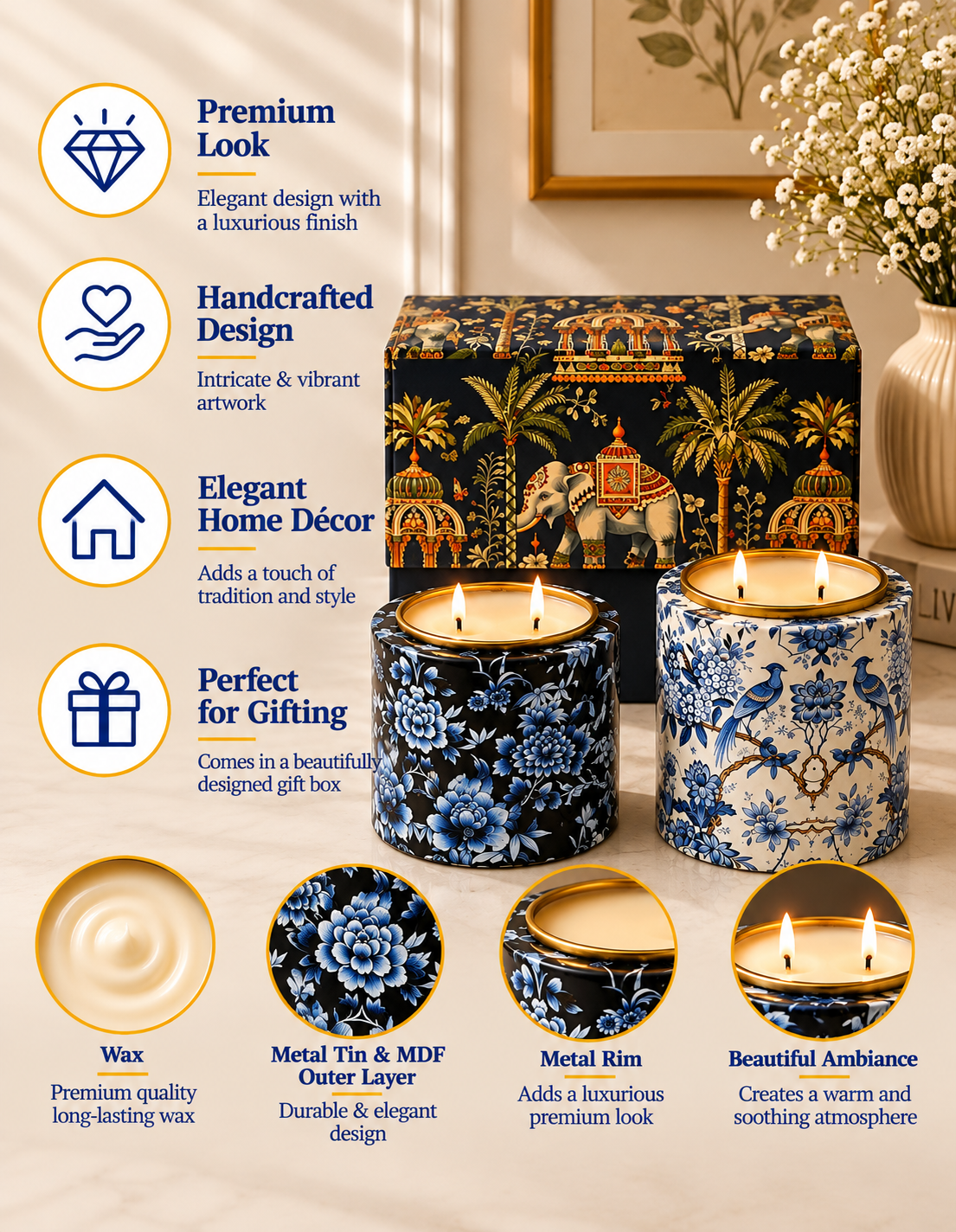 Royal Blue Aviary and Imperial Midnight Blossom Premium Gift Candle Set